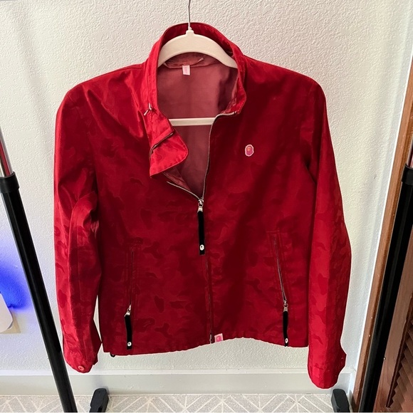 Bape Jackets & Blazers - VTG BAPE sz Tall XS-S GORETEX Zip Up Jacket Red Bathing Ape Print Japan